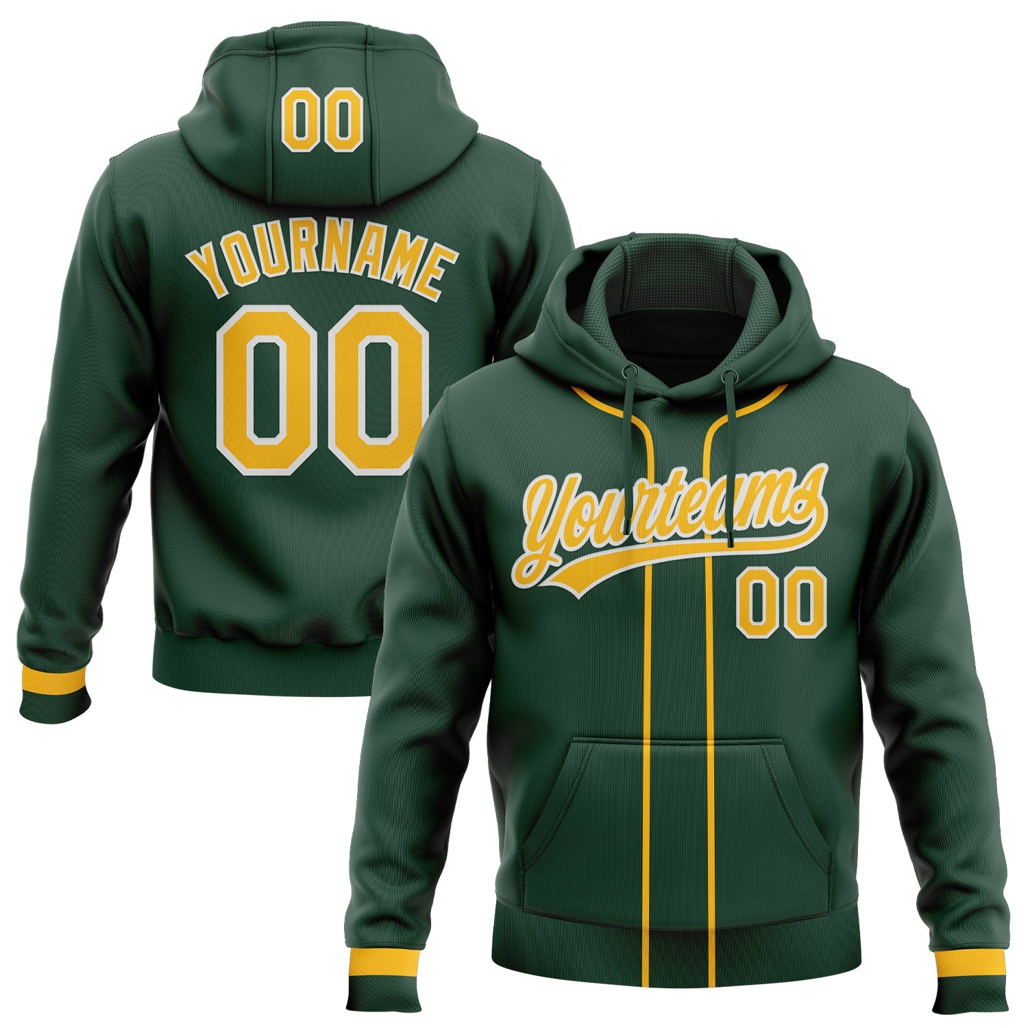 Custom Stitched Green Gold-White Baseball Pullover Sweatshirt Hoodie - Main View