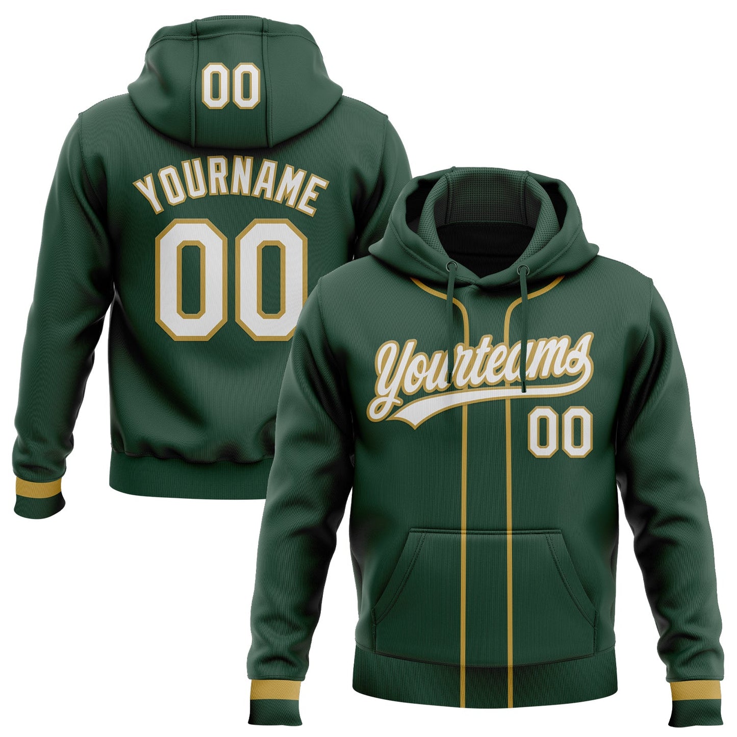 Custom Stitched Green White-Old Gold Baseball Pullover Sweatshirt Hoodie - Main View