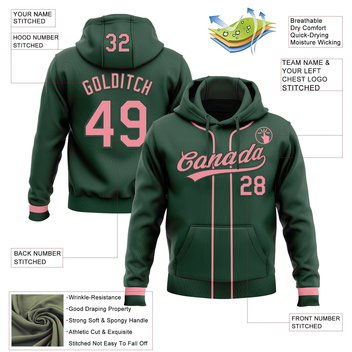Custom Stitched Green Medium Pink Baseball Pullover Sweatshirt Hoodie view 2