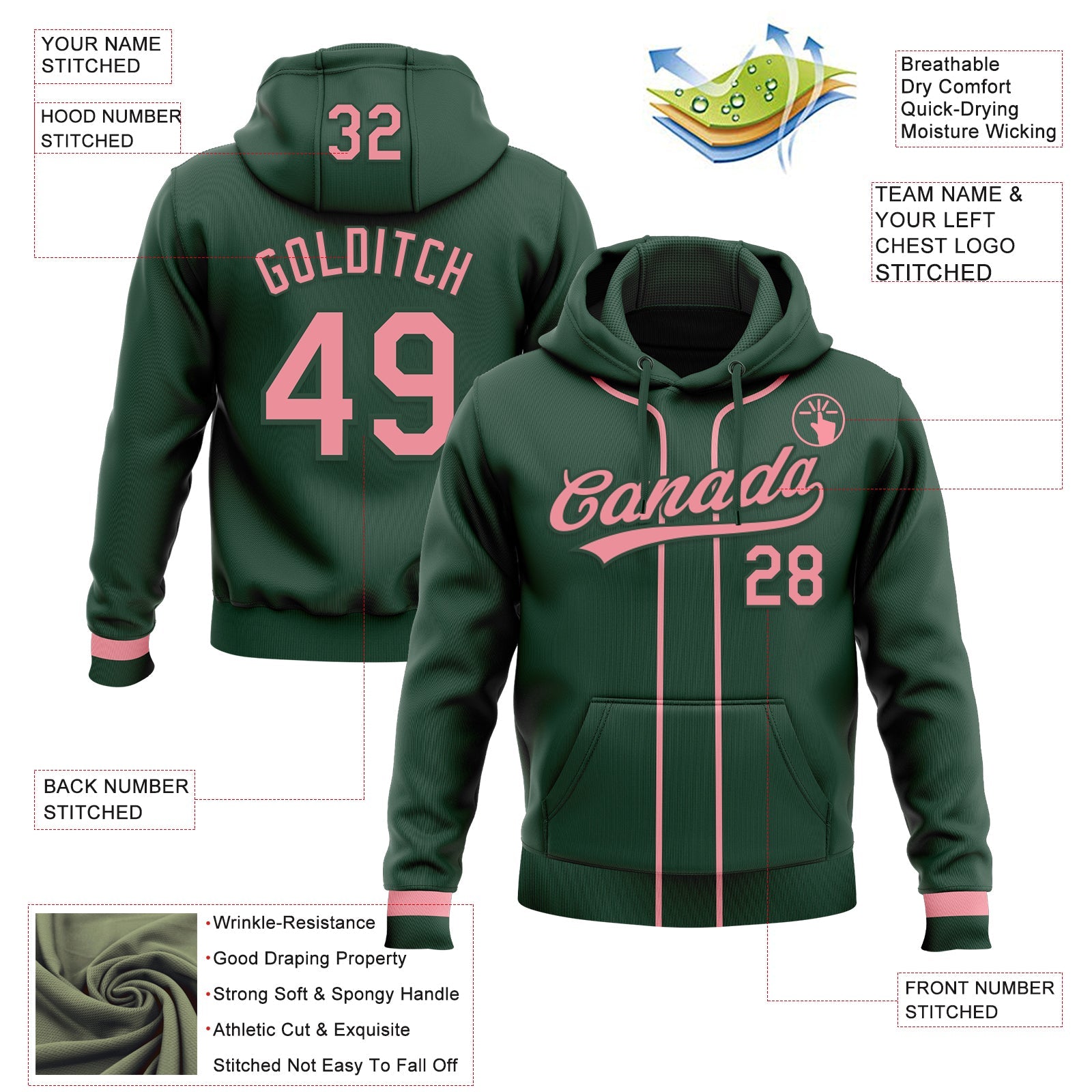 Custom Stitched Green Medium Pink Baseball Pullover Sweatshirt Hoodie view 2