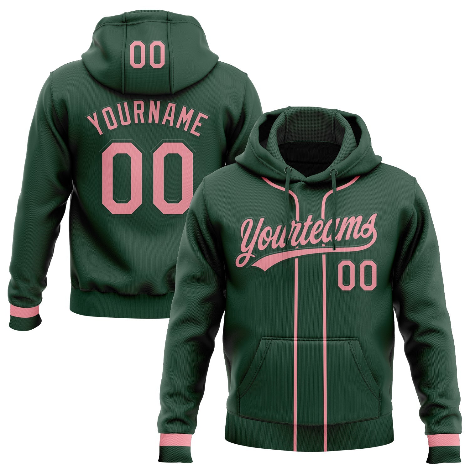 Custom Stitched Green Medium Pink Baseball Pullover Sweatshirt Hoodie - Main View