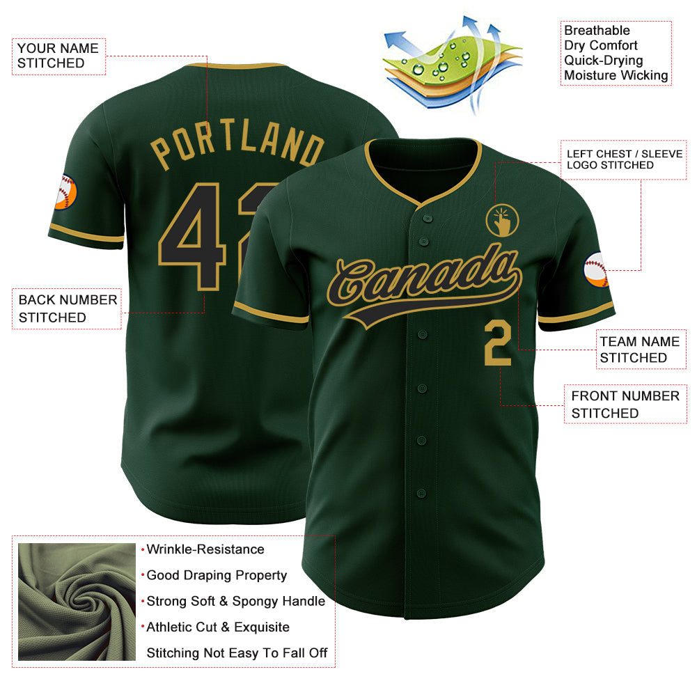 Custom Green Black-Old Gold Authentic Baseball Jersey view 3