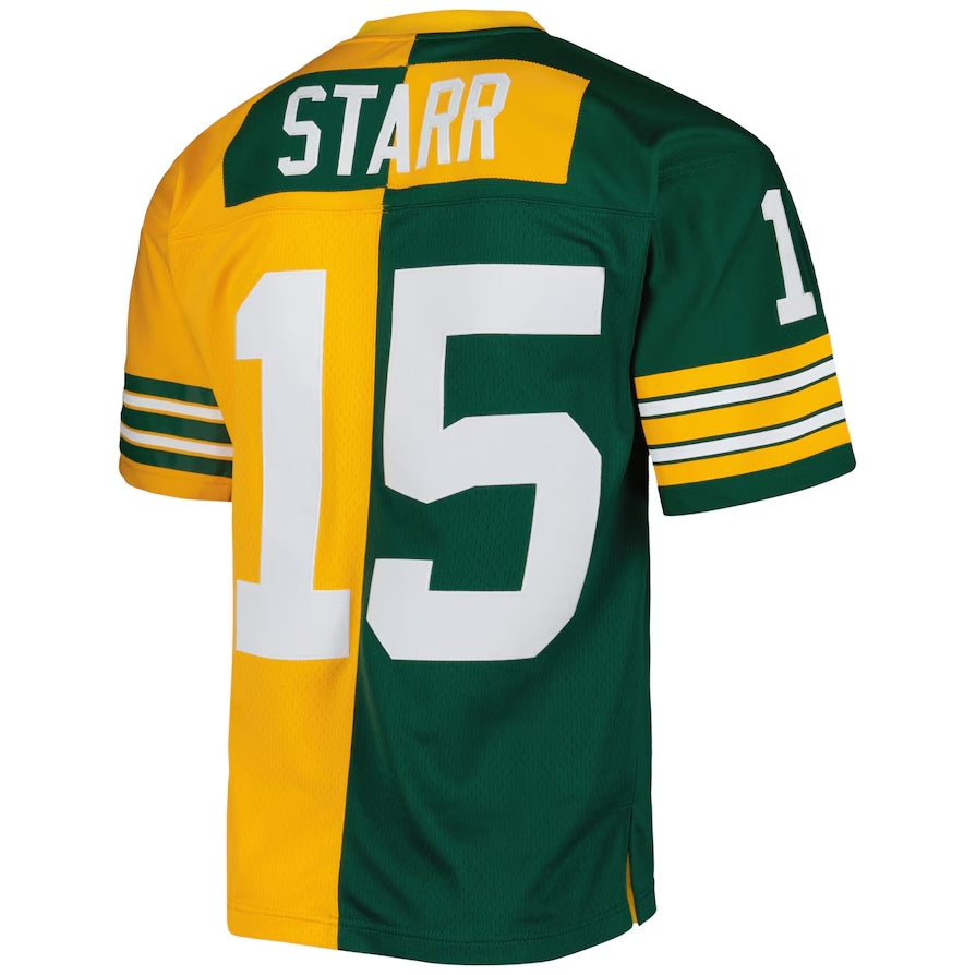 GB.Packers #15 Bart Starr Mitchell & Ness Green Gold 1969 Split Legacy Replica American Football Jerseys - Main View