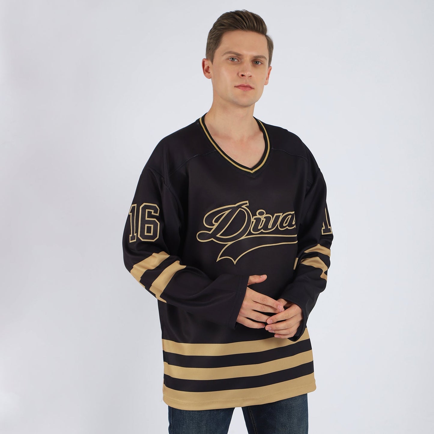 Custom Black Black-Old Gold Hockey Jersey view 2