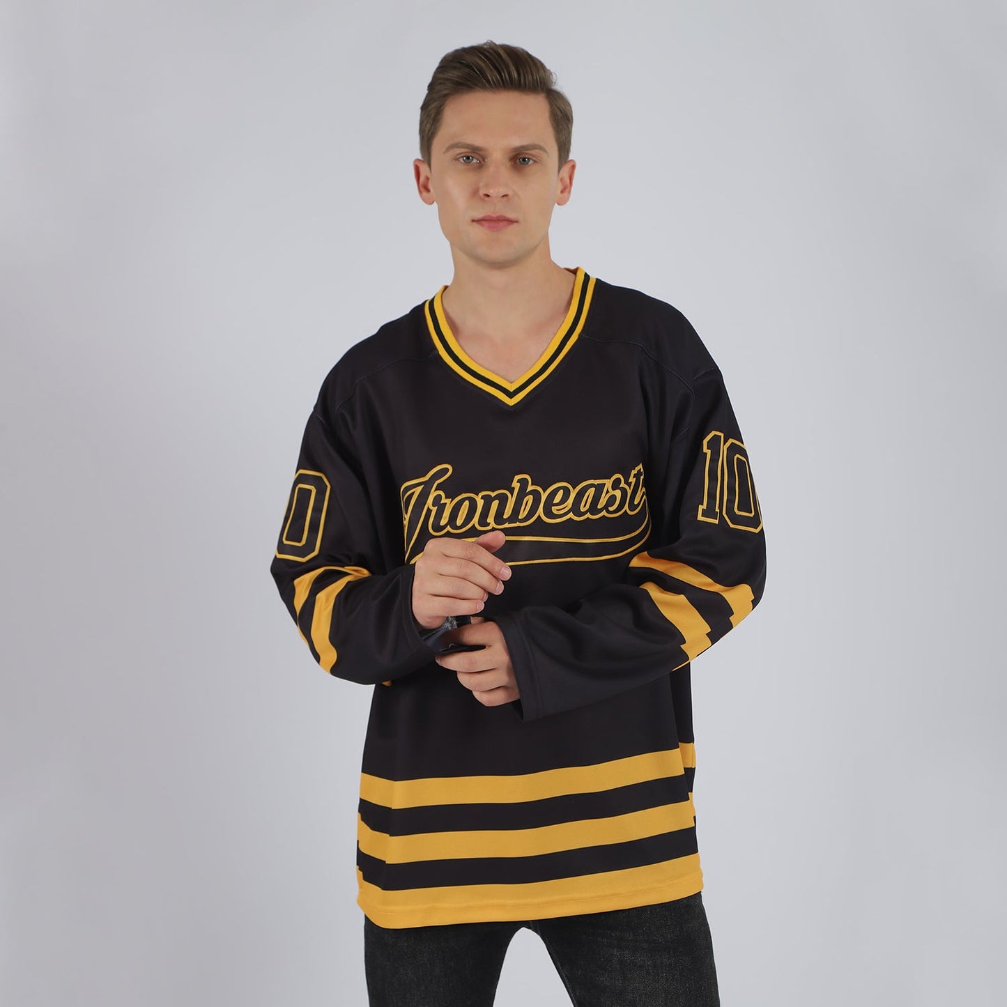 Custom Black Black-Gold Hockey Jersey view 2