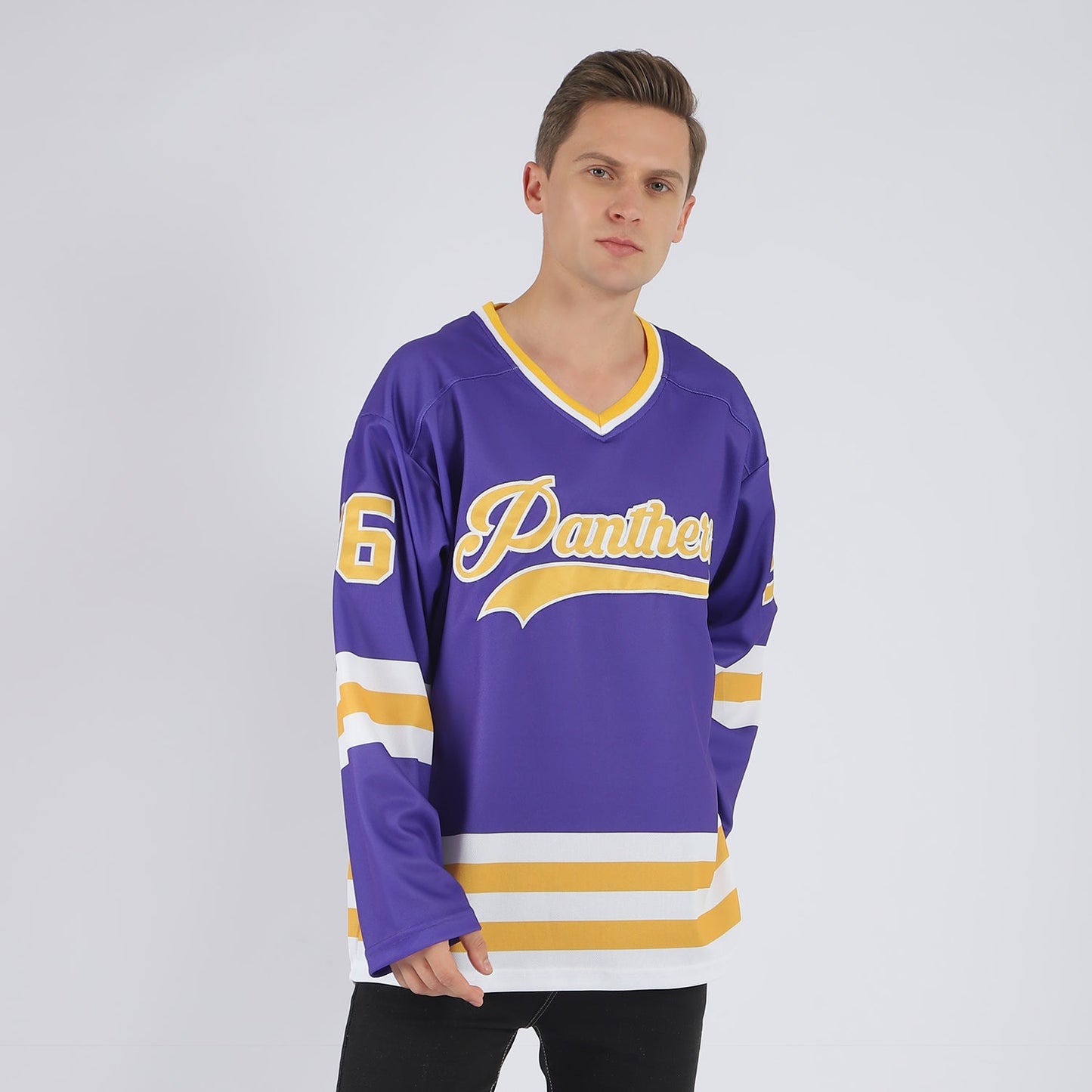 Custom Purple Gold-White Hockey Jersey view 2