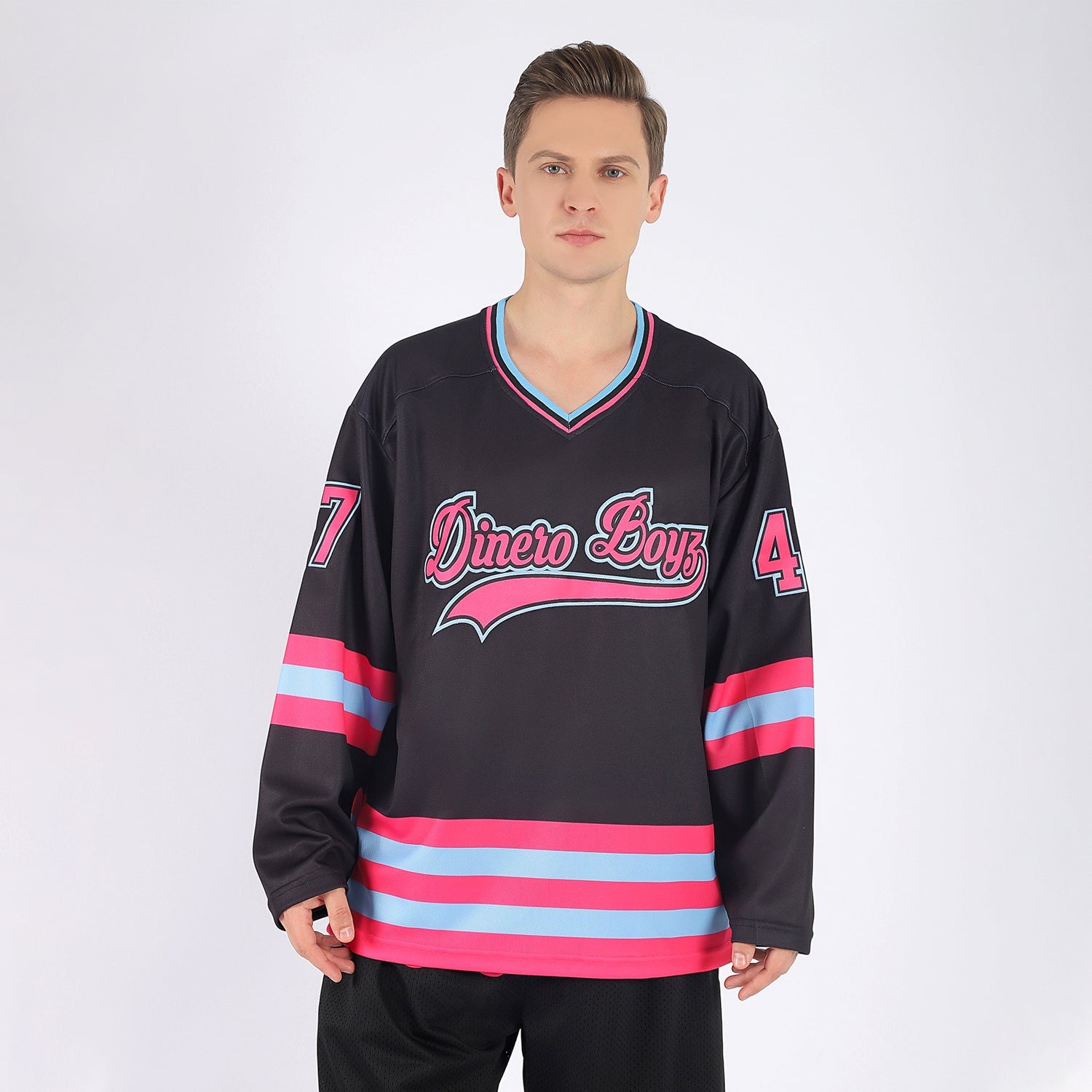 Custom Black Pink-Light Blue Hockey Jersey view 2