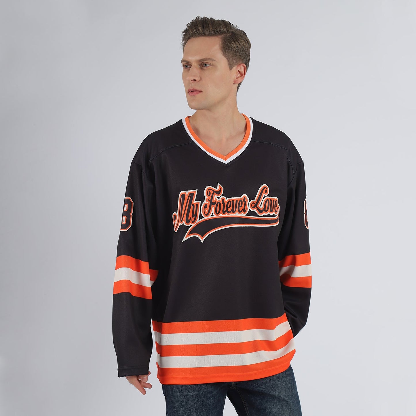 Custom Black Black-Orange Hockey Jersey view 2
