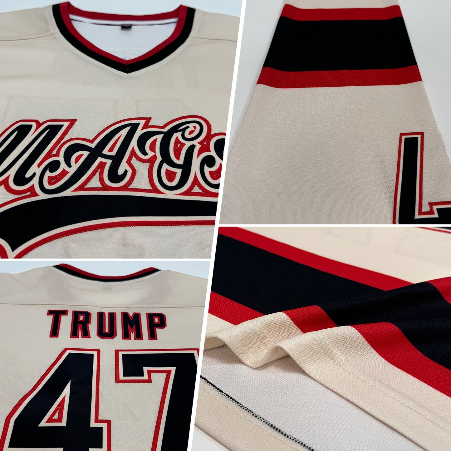 Custom Cream Black-Red Hockey Jersey view 2