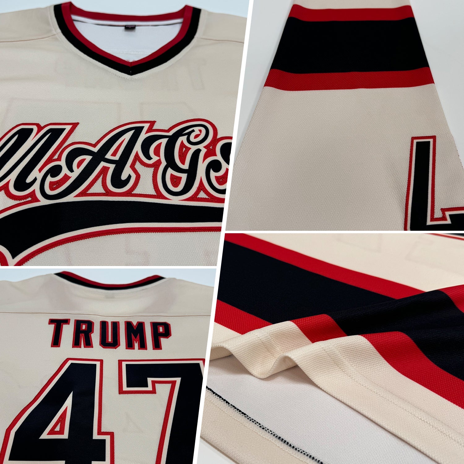 Custom Cream Black-Red Hockey Jersey view 2