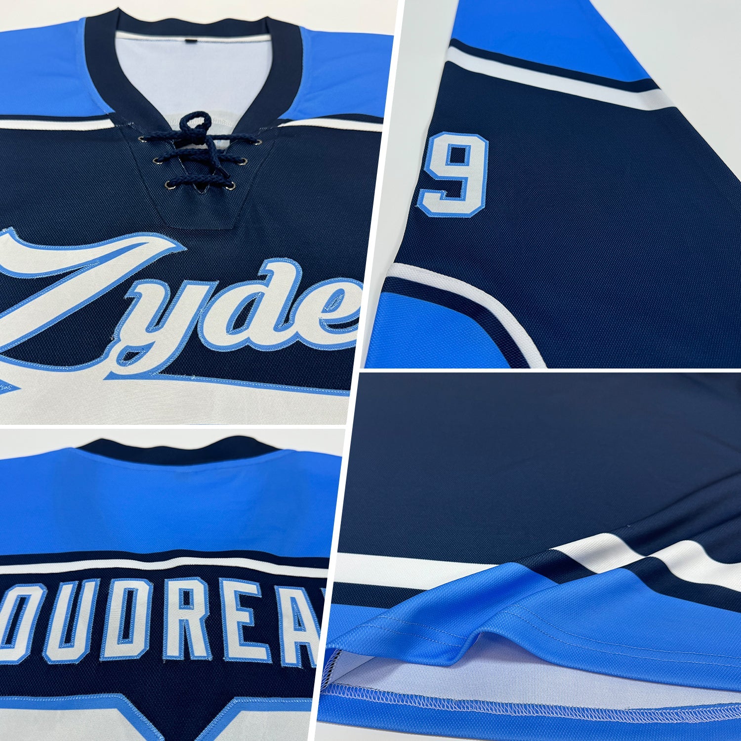 Custom Navy White-Powder Blue Hockey Lace Neck Jersey view 3