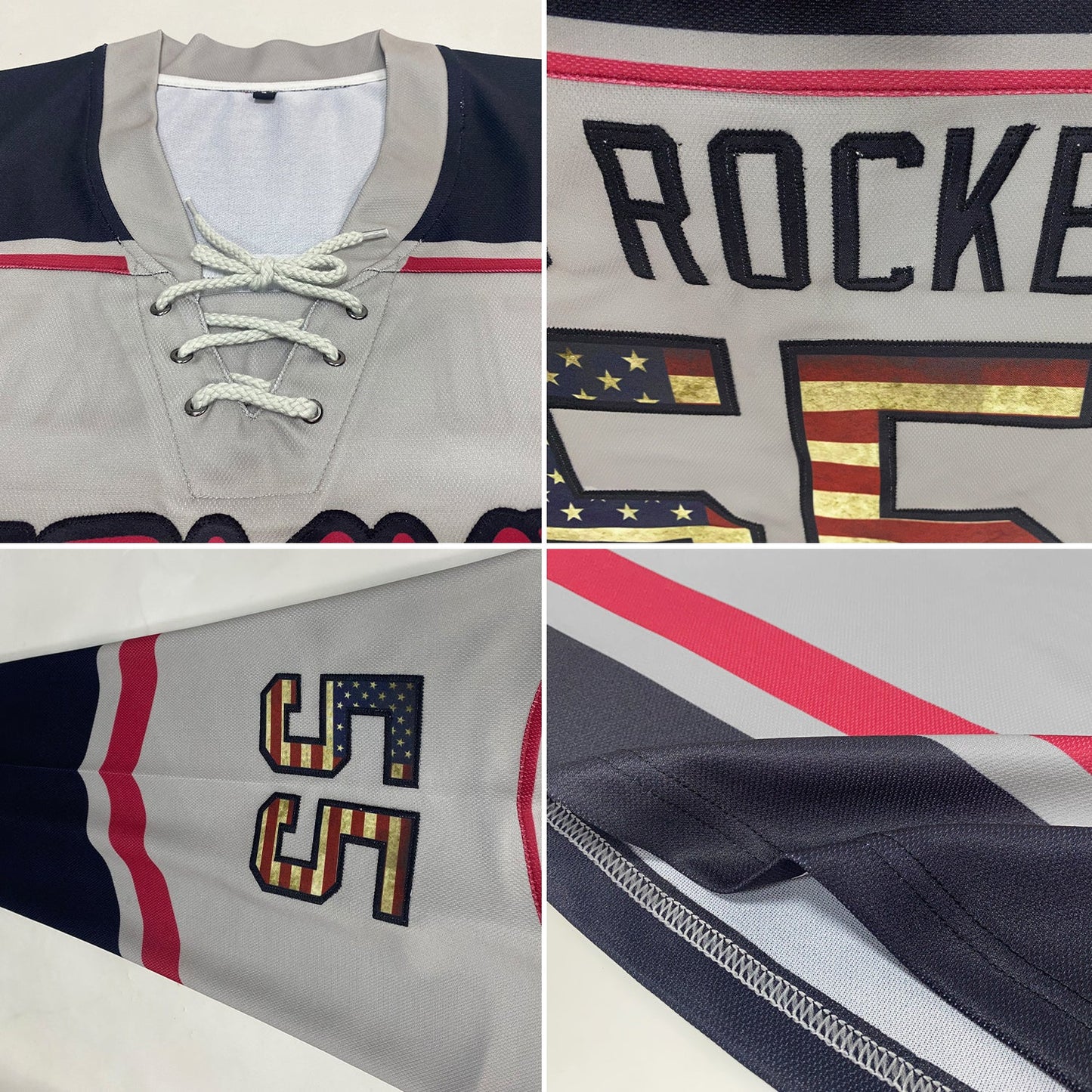 Custom Gray Vintage USA Flag Black-Crimson Hockey Lace Neck Jersey view 2