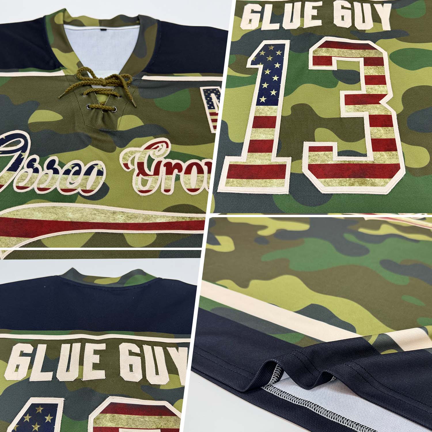 Custom Camo Vintage USA Flag Cream-Black Salute To Service Hockey Lace Neck Jersey view 3