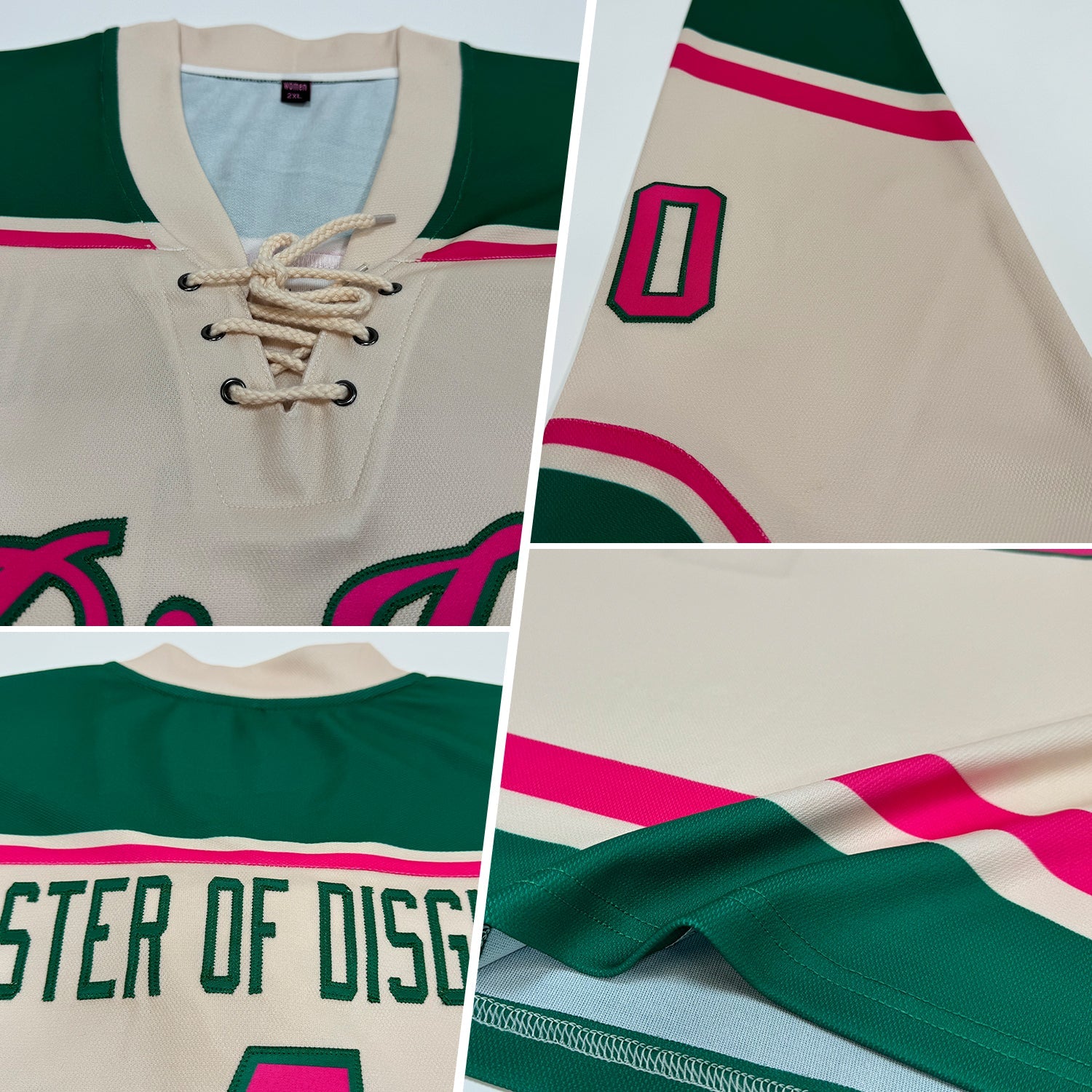 Custom Cream Pink-Kelly Green Hockey Lace Neck Jersey view 3