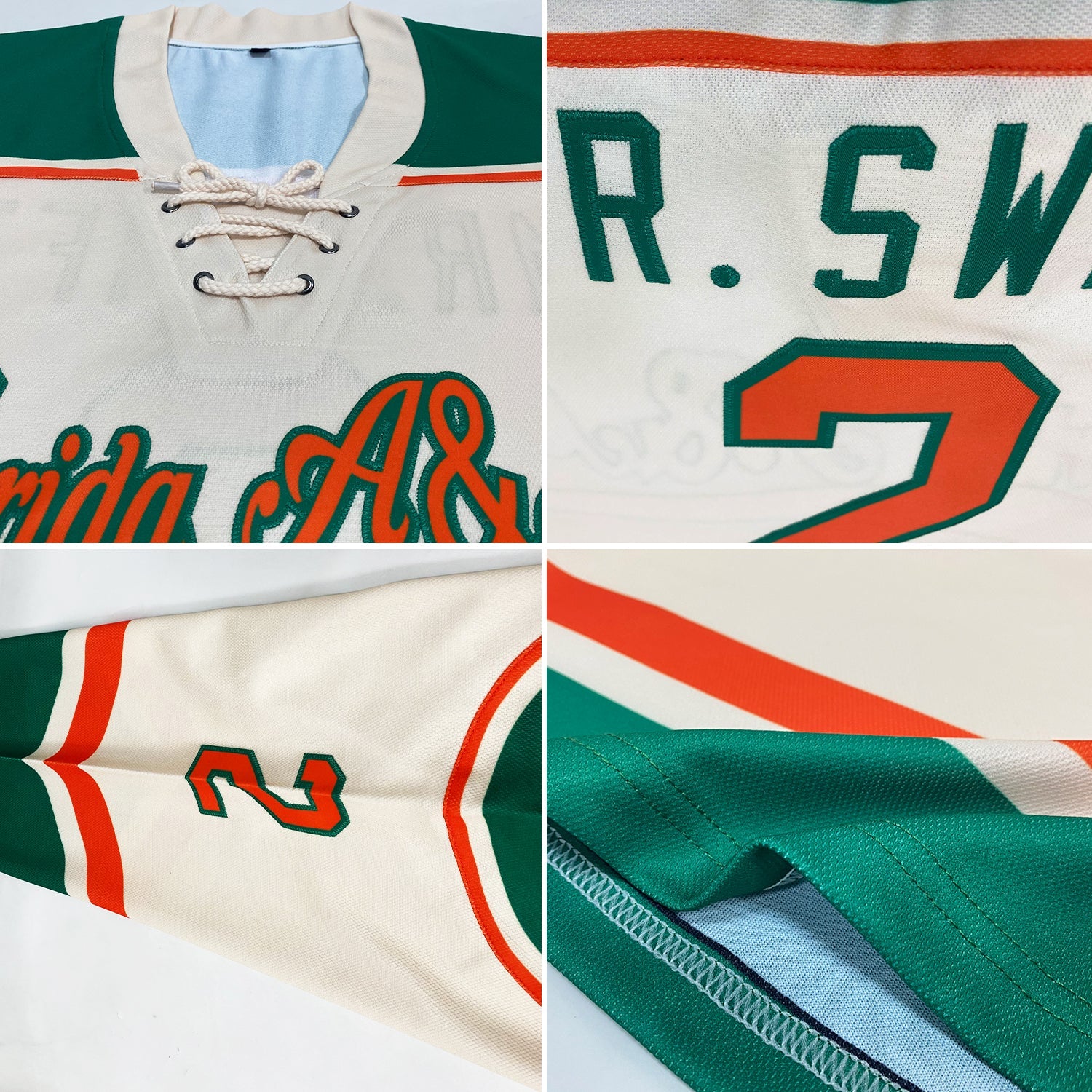 Custom Cream Orange-Kelly Green Hockey Lace Neck Jersey view 2