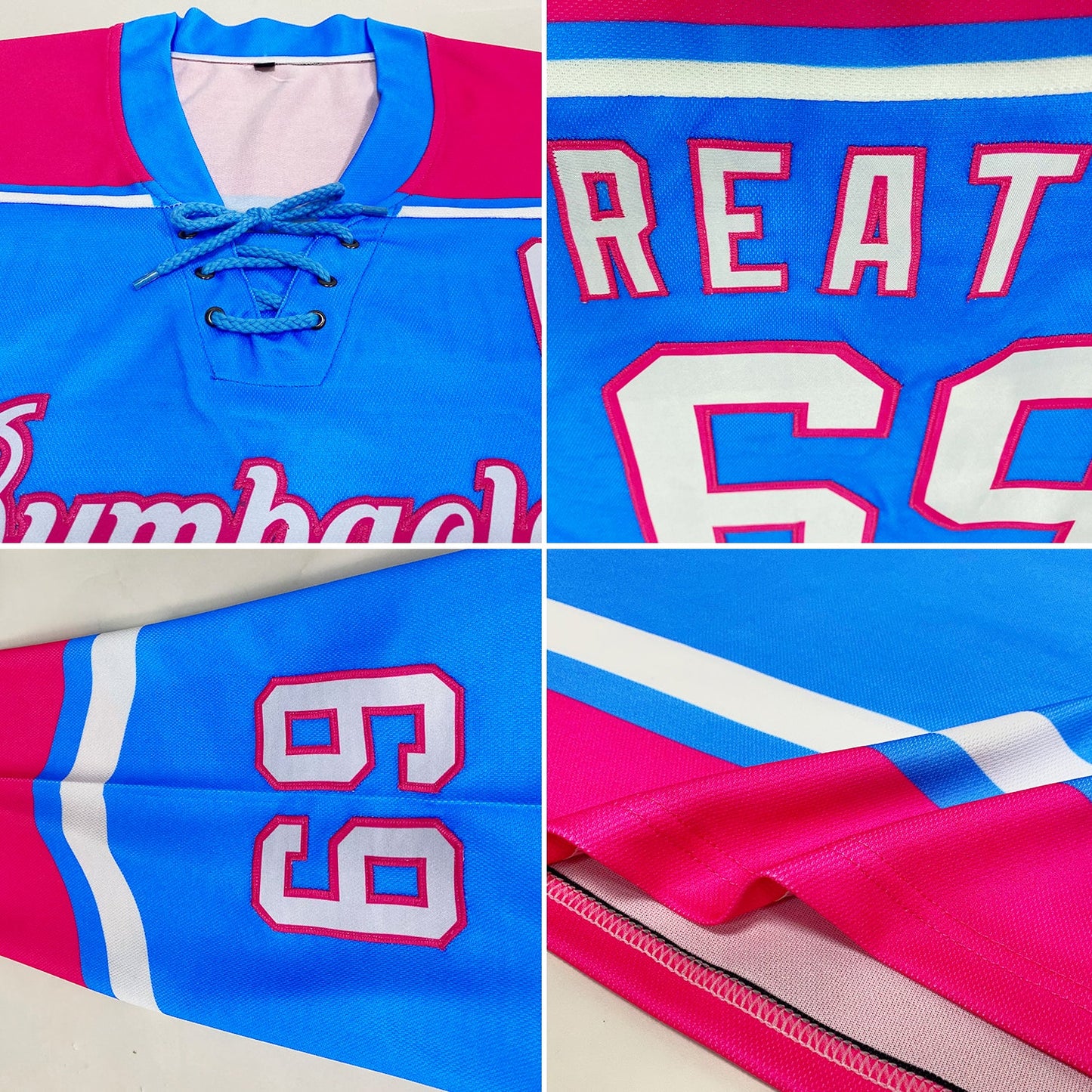 Custom Sky Blue White-Pink Hockey Lace Neck Jersey view 2