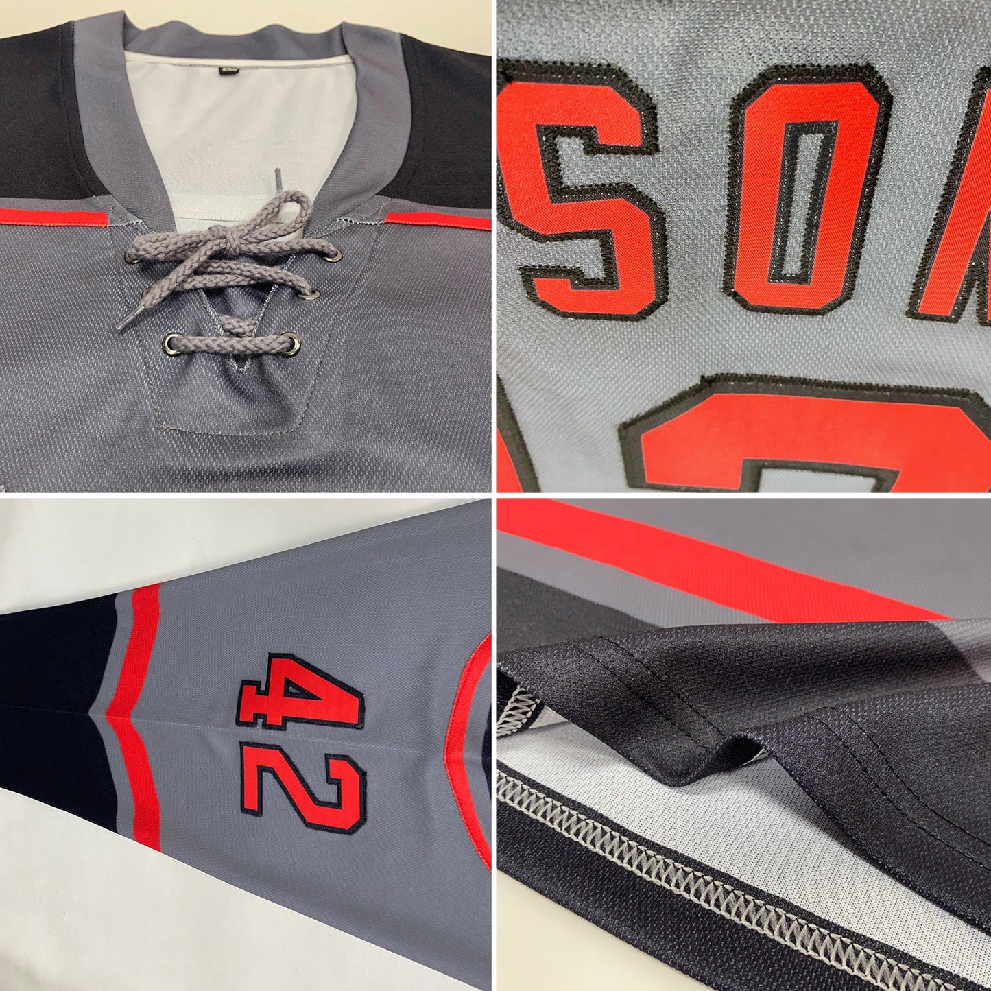 Custom Steel Gray Red-Black Hockey Lace Neck Jersey view 2