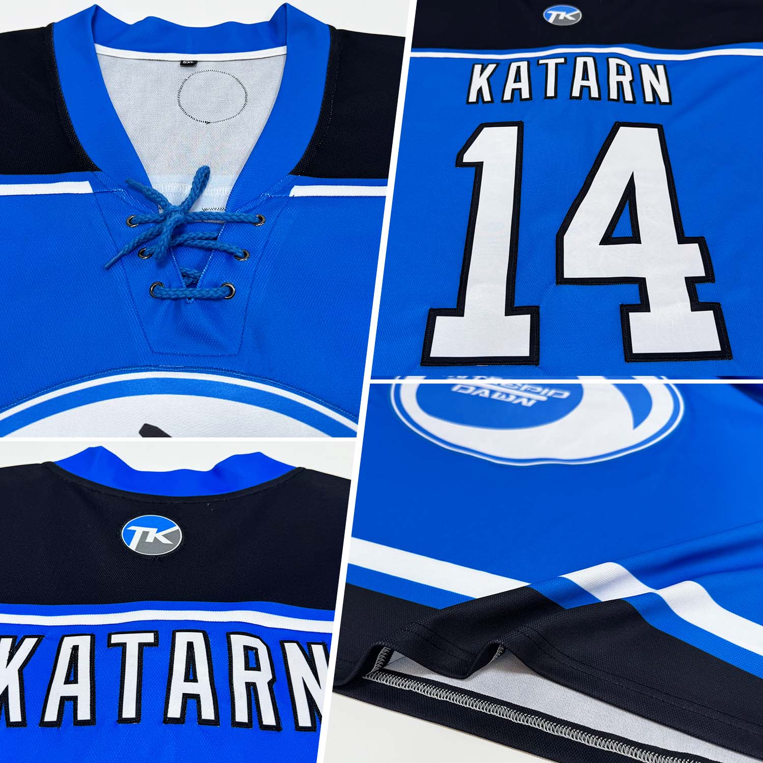 Custom Blue White-Black Hockey Lace Neck Jersey view 3