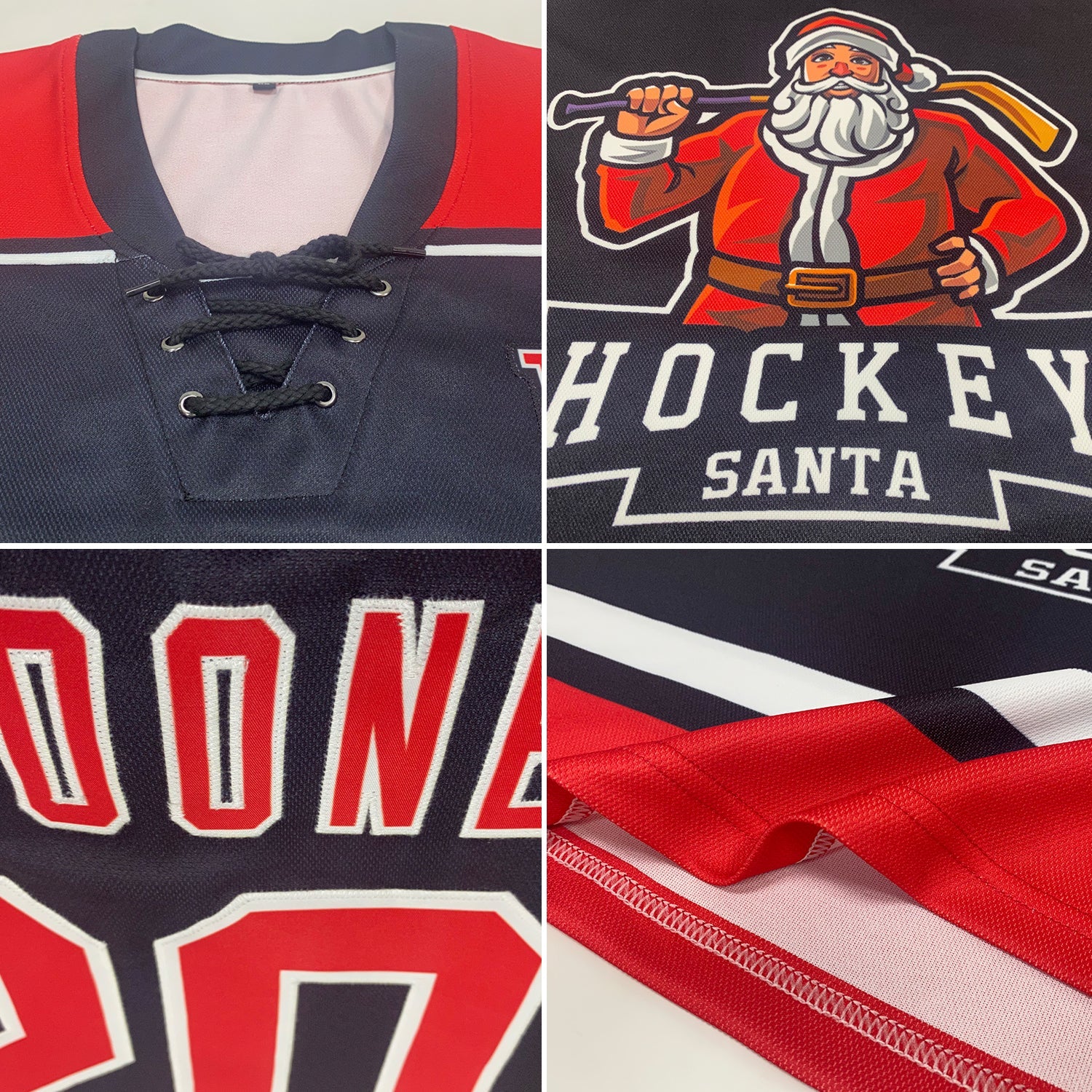 Custom Black Red-White Christmas Santa Claus 3D Hockey Lace Neck Jersey view 2