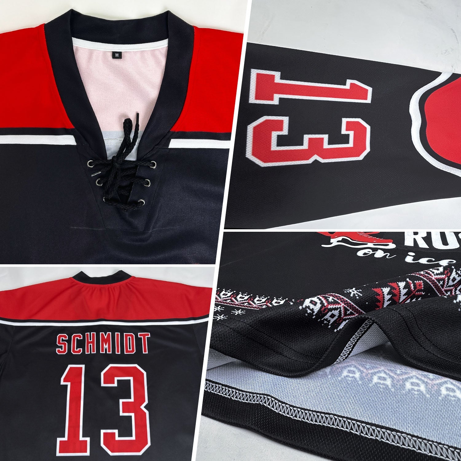 Custom Black Red-White Christmas Santa Claus 3D Hockey Lace Neck Jersey view 2