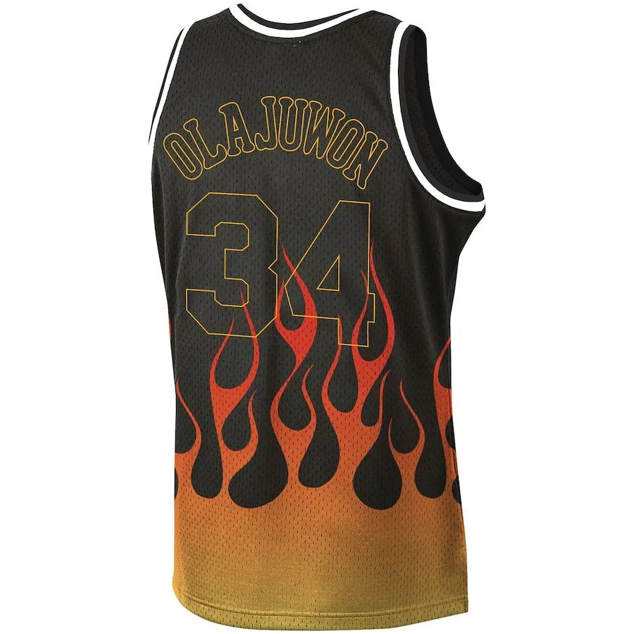 H.Rockets #34 Hakeem Olajuwon Mitchell & Ness 1993-94 Hardwood Classics Flames Swingman Jersey  Black Stitched American Basketball Jersey - Main View