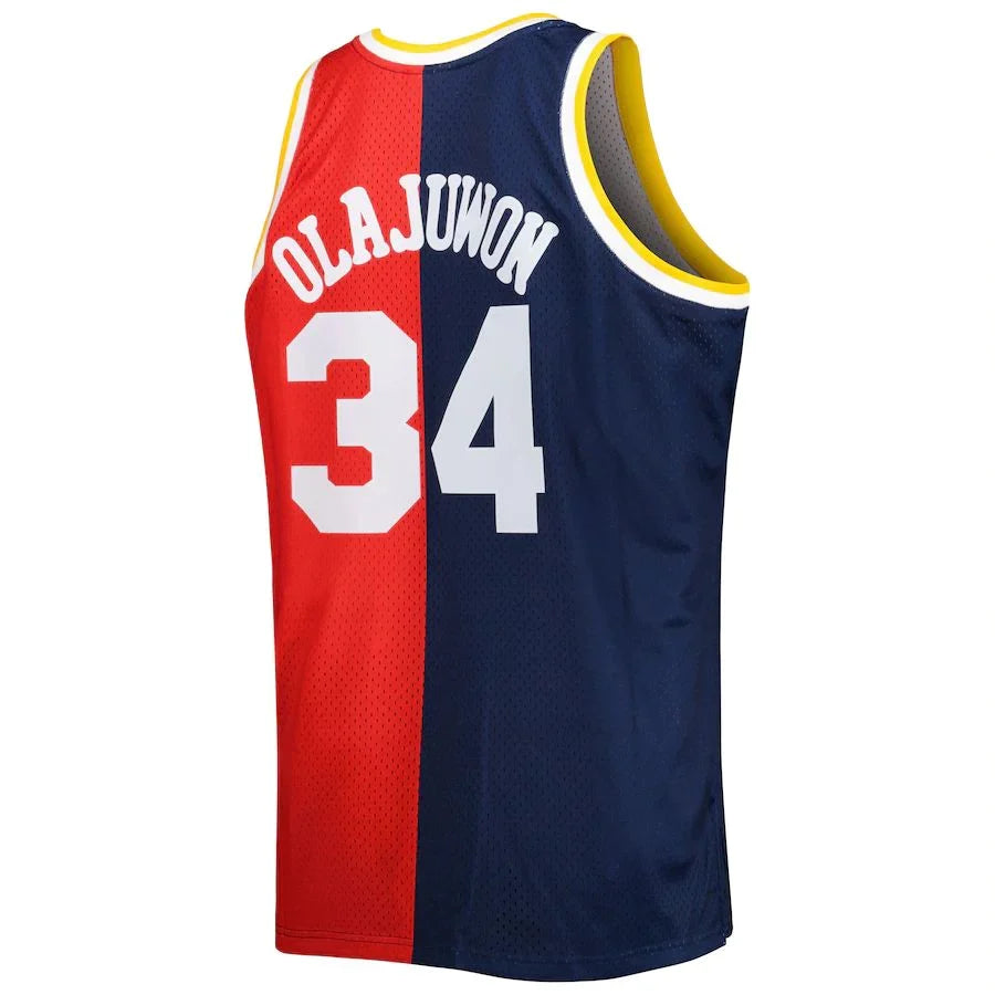 H.Rockets #34 Hakeem Olajuwon Mitchell & Ness Big & Tall Hardwood Classics 1993-94 Split Swingman Jersey Navy Red Stitched American Basketball Jersey - Main View