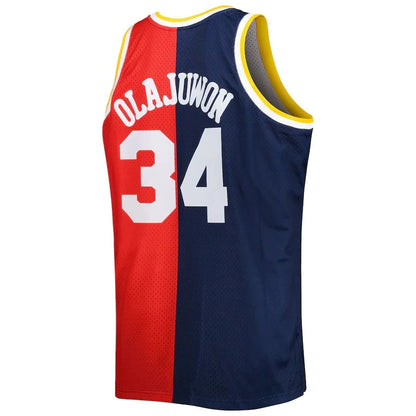 H.Rockets #34 Hakeem Olajuwon Mitchell & Ness Big & Tall Hardwood Classics 1993-94 Split Swingman Jersey Navy Red Stitched American Basketball Jersey - Main View