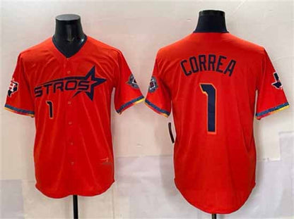 Houston Astros #1 Carlos Correa Orange 2025 City Connect With Texas Patch Limited Stitched Baseball Jersey - Main View