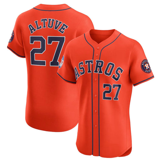 Houston Astros #27 Jose Altuve Alternate Elite Sponsor Patch Player Jersey - Orange Stitched Baseball Jersey - Main View