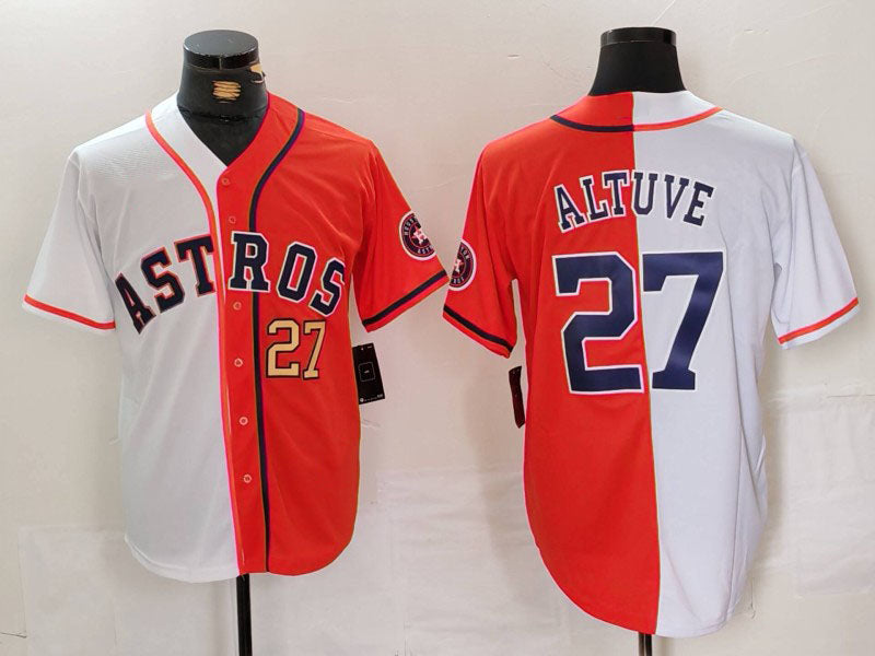 Houston Astros #27 Jose Altuve White Orange Blue Number Split Stitched Baseball Jerseys - Main View