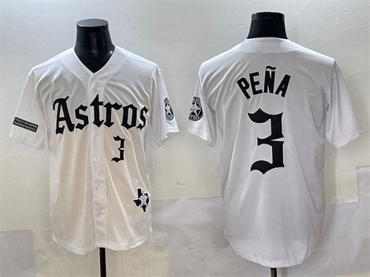 Houston Astros #3 Jeremy Pena White Gothic 'Houston Born Barrio Raised' Limited Stitched Baseball Jersey - Main View