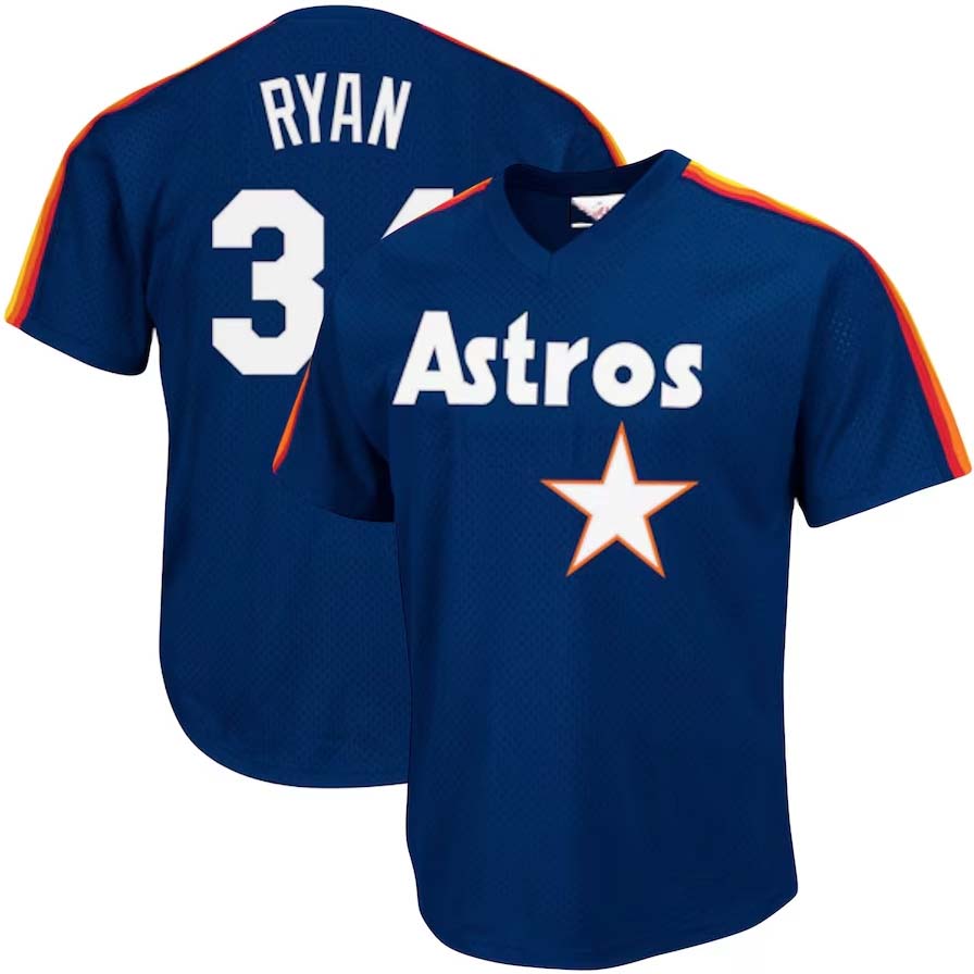 Houston Astros #34 Nolan Ryan Mitchell & Ness Cooperstown Collection Big & Tall Mesh Batting Practice Jersey - Navy Baseball Stitched Jerseys - Main View