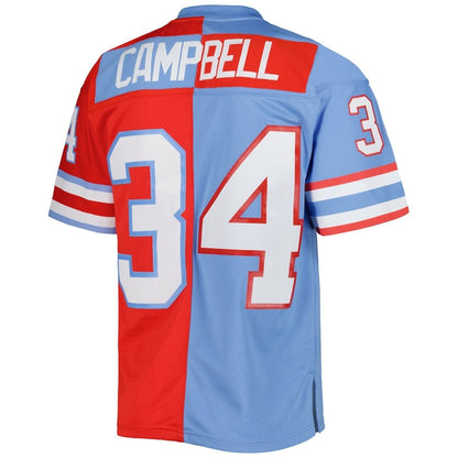 H.Oilers #34 Earl Campbell Mitchell & Ness Gridiron Classics 1980 Split Legacy Replica Jersey - Red-Light Blue Stitched American Football Jerseys - Main View