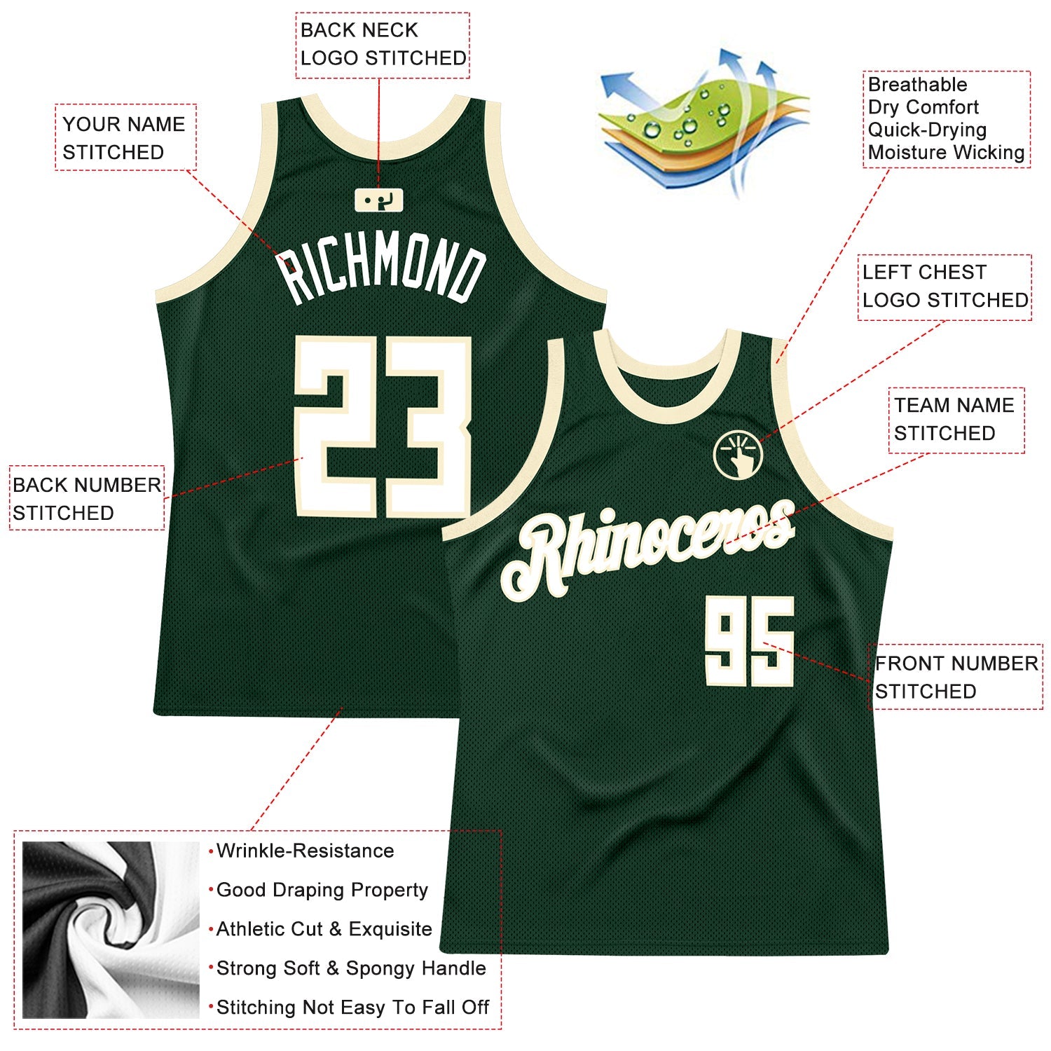 Custom Hunter Green White-Cream Authentic Throwback Basketball Jersey view 3