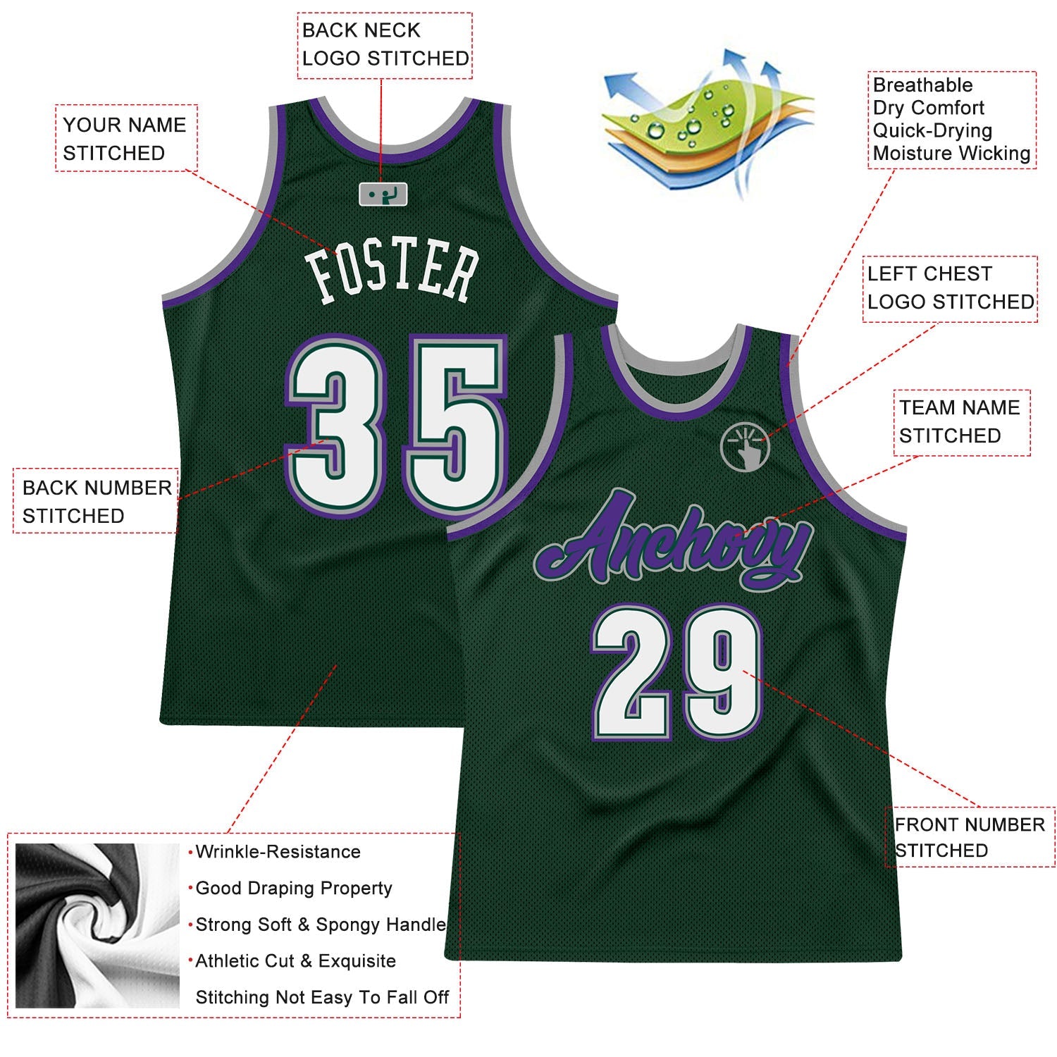 Custom Hunter Green White-Purple Authentic Throwback Basketball Jersey view 2