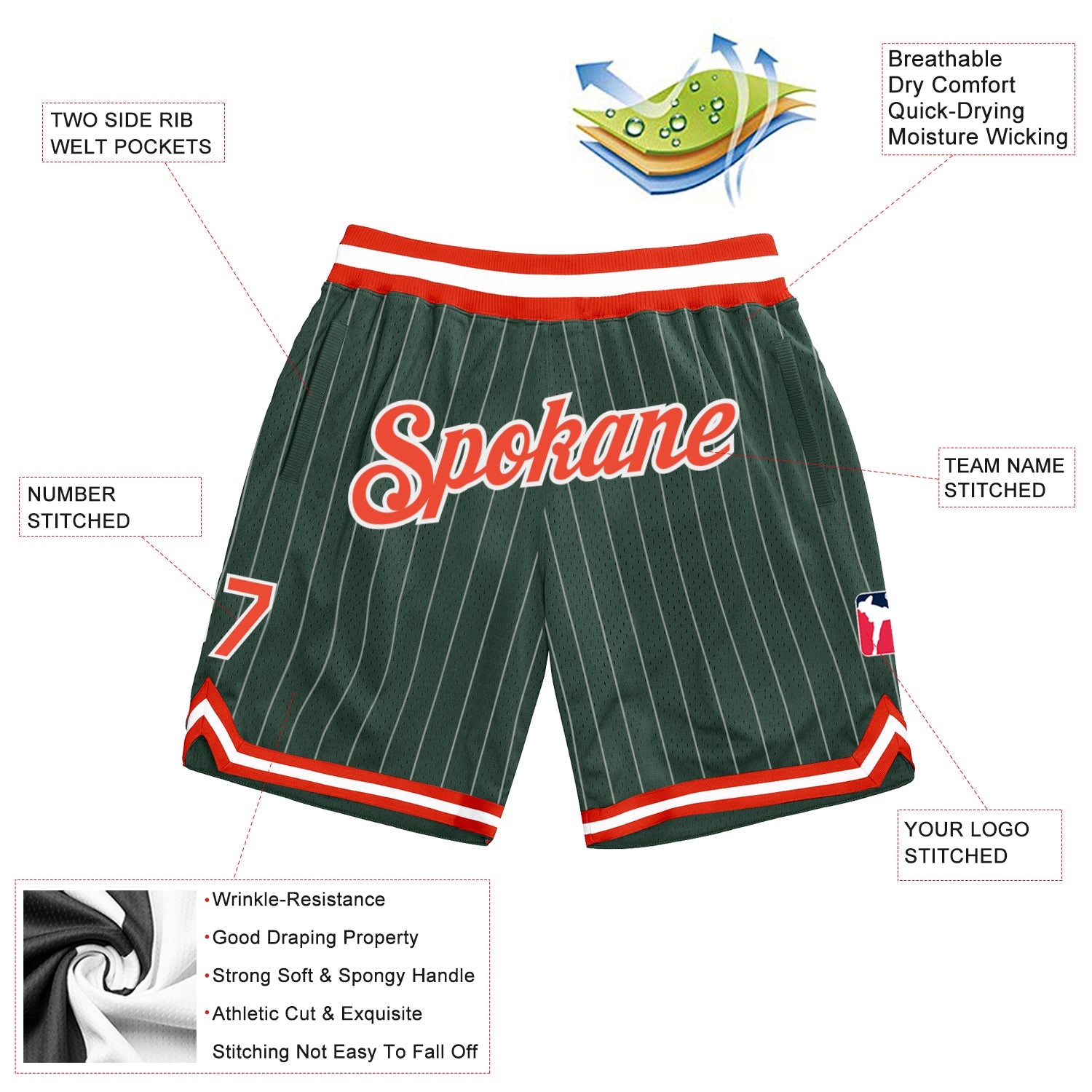 Custom Hunter Green White Pinstripe Orange-White Authentic Basketball Shorts view 2