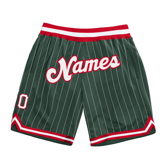 Custom Hunter Green White Pinstripe White-Red Authentic Basketball Shorts - Main View