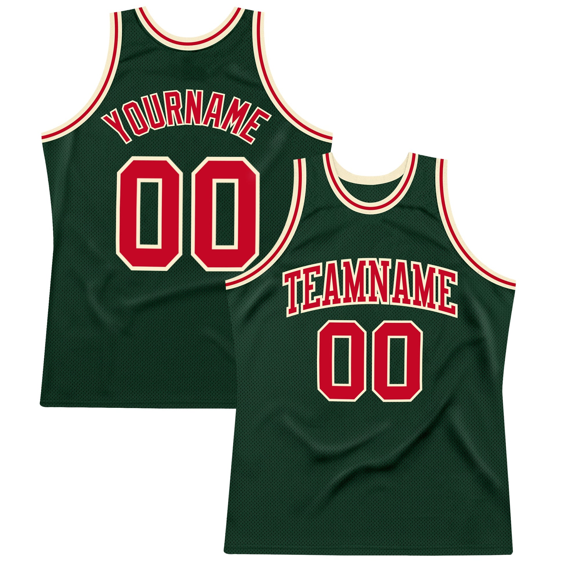 Custom Hunter Green Red-Cream Authentic Throwback Basketball Jersey - Main View