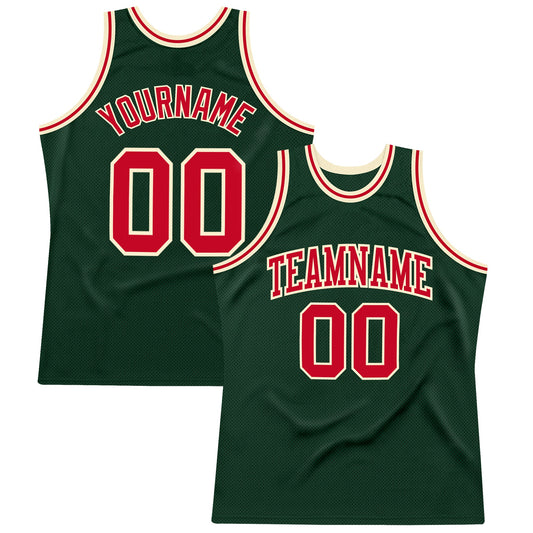 Custom Hunter Green Red-Cream Authentic Throwback Basketball Jersey - Main View