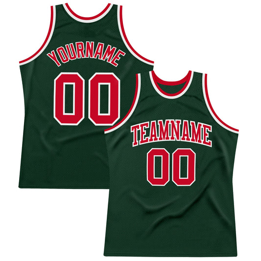 Custom Hunter Green Red-White Authentic Throwback Basketball Jersey - Main View