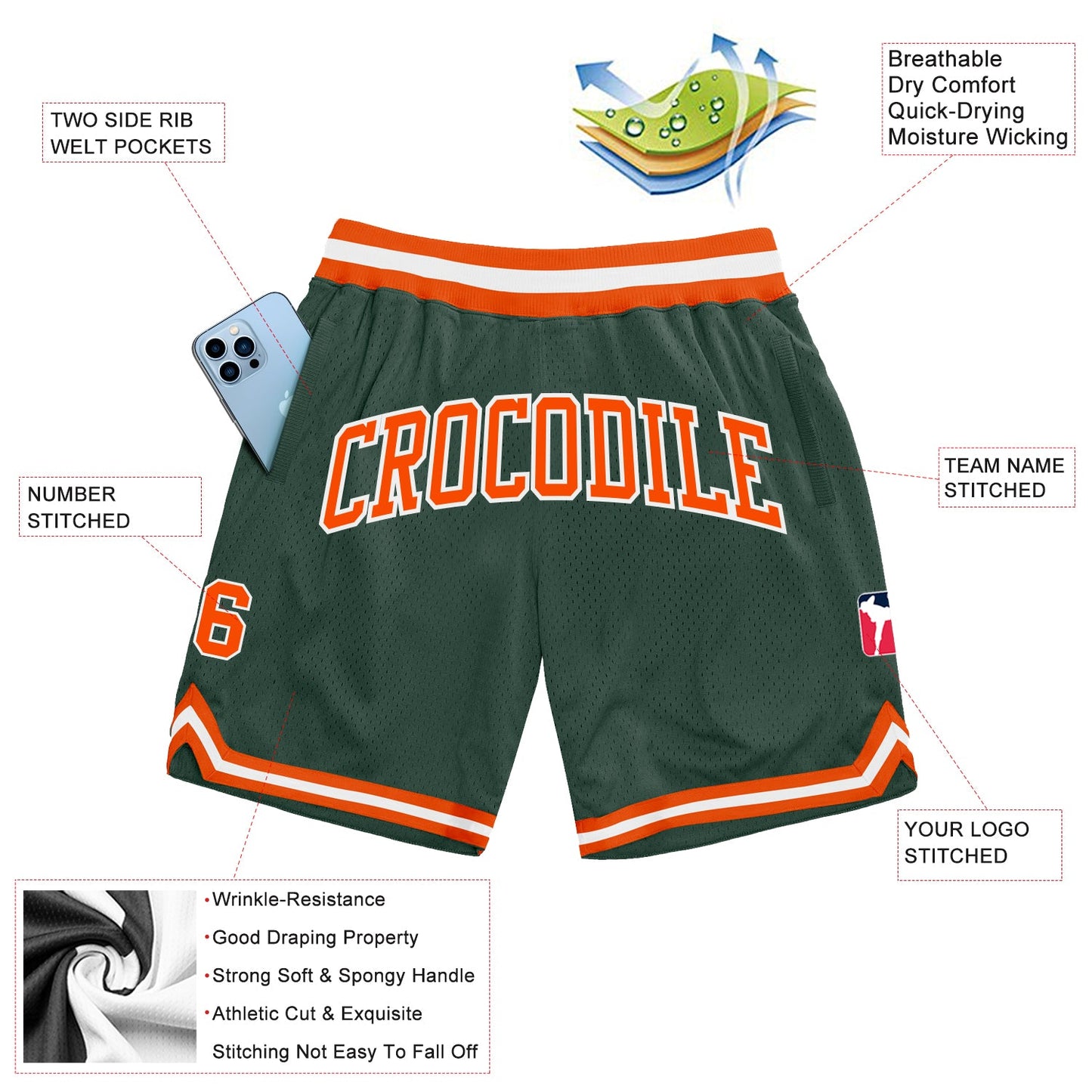 Custom Hunter Green Orange-White Authentic Throwback Basketball Shorts view 2