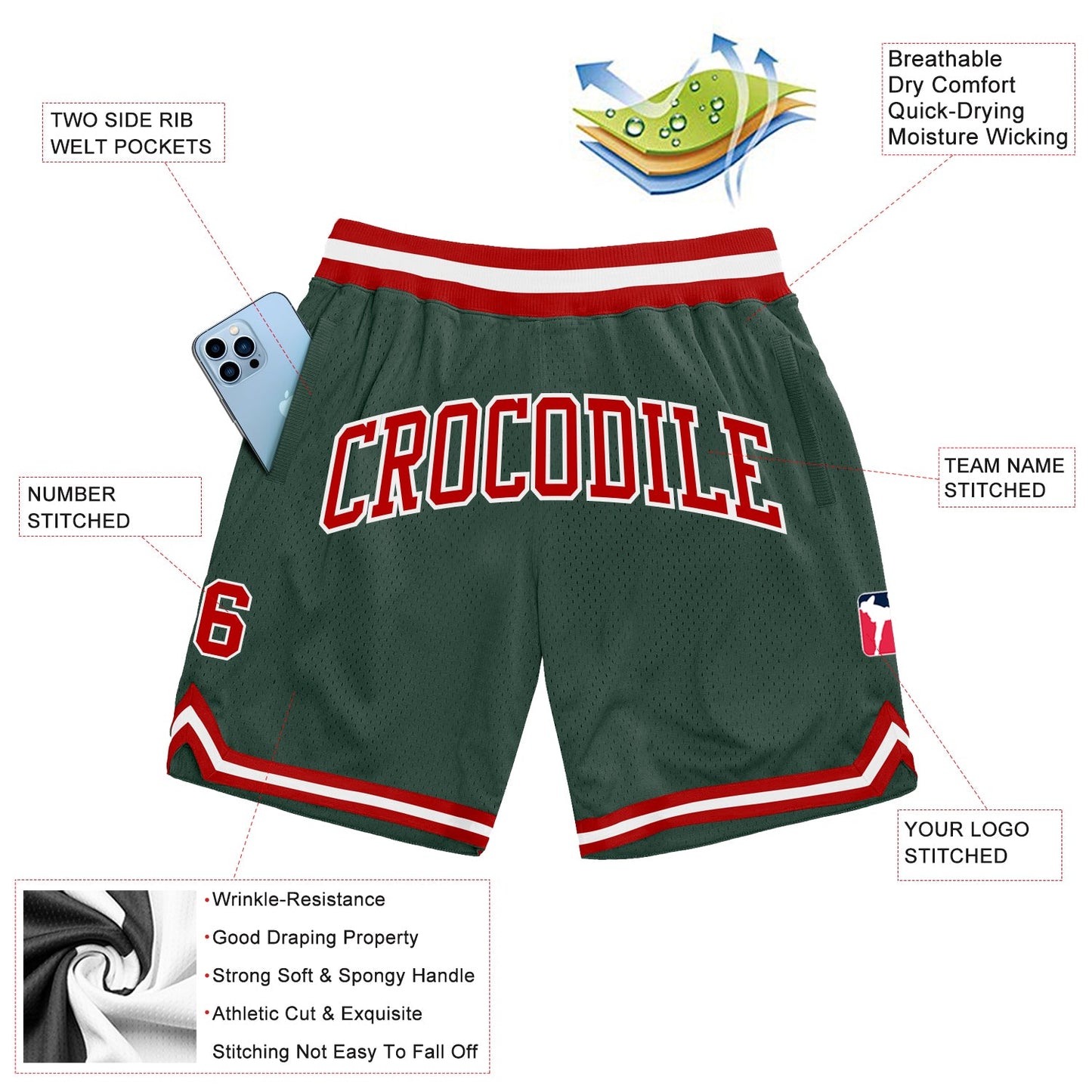 Custom Hunter Green Red-White Authentic Throwback Basketball Shorts view 2