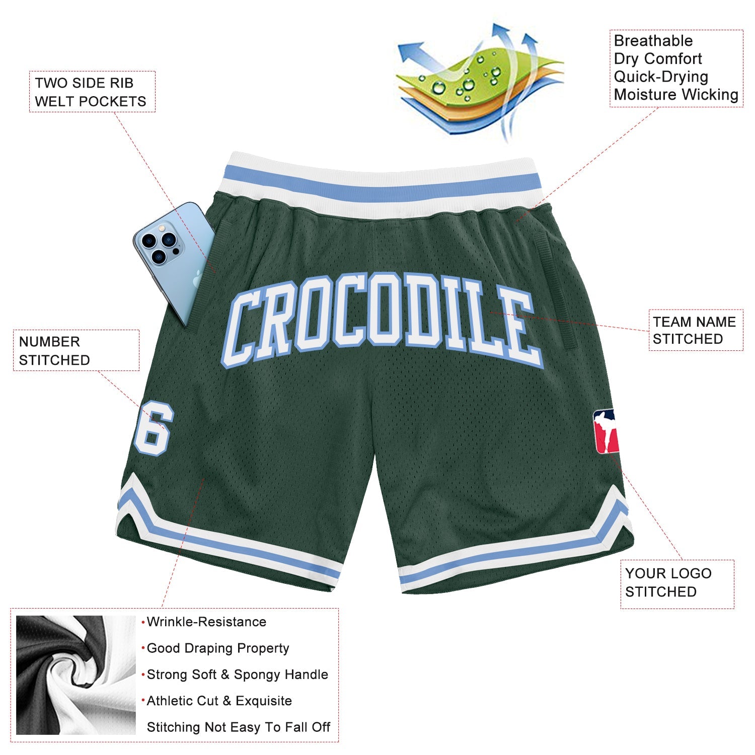 Custom Hunter Green White-Light Blue Authentic Throwback Basketball Shorts view 2