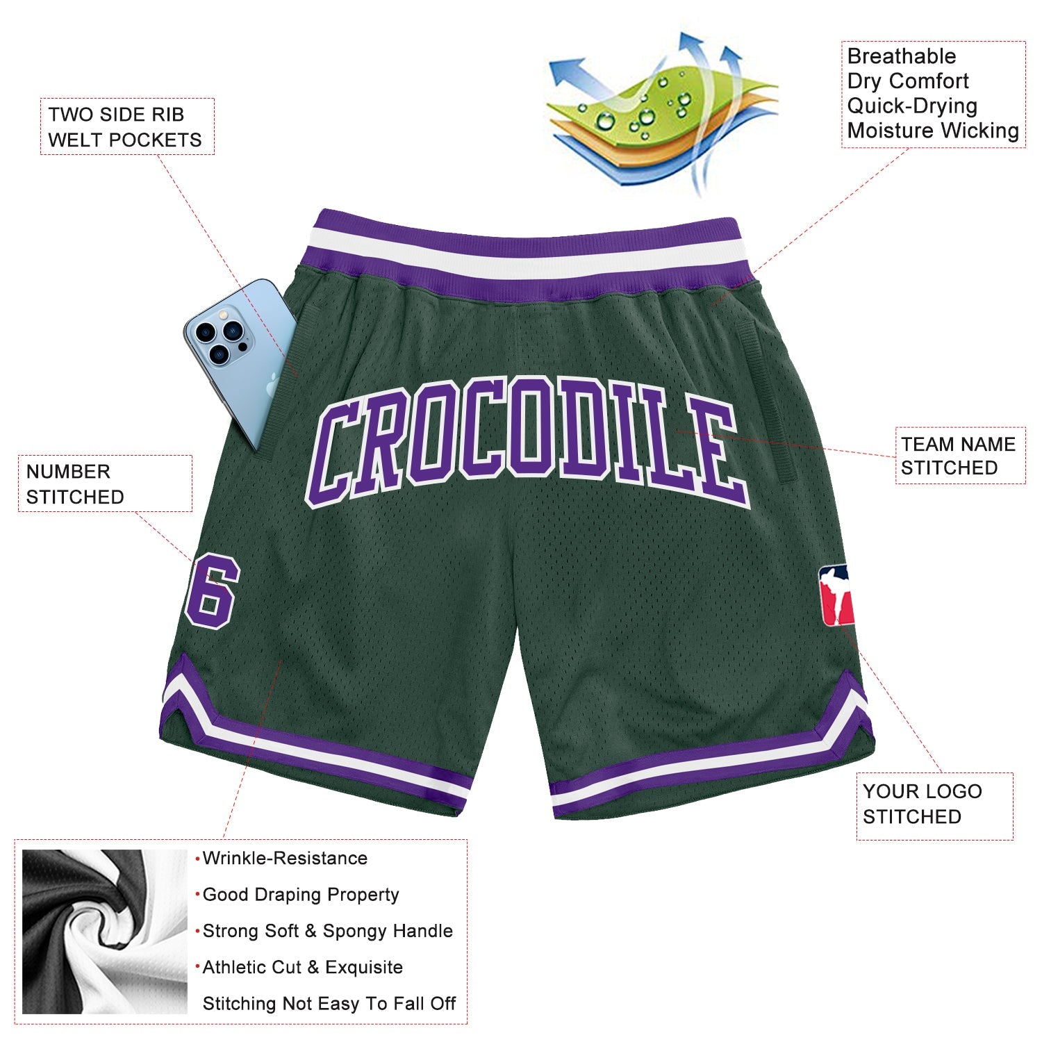 Custom Hunter Green Purple-White Authentic Throwback Basketball Shorts view 2