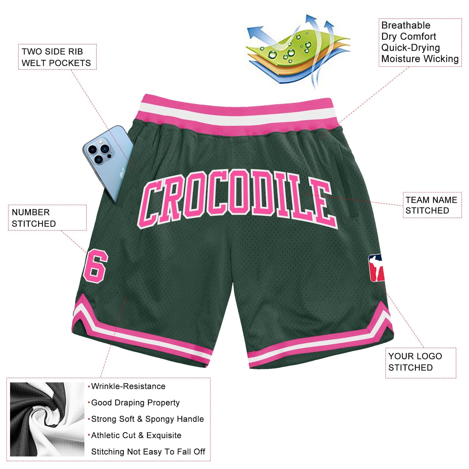 Custom Hunter Green Pink-White Authentic Throwback Basketball Shorts view 2