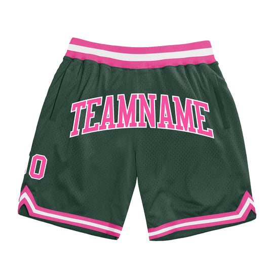Custom Hunter Green Pink-White Authentic Throwback Basketball Shorts - Main View