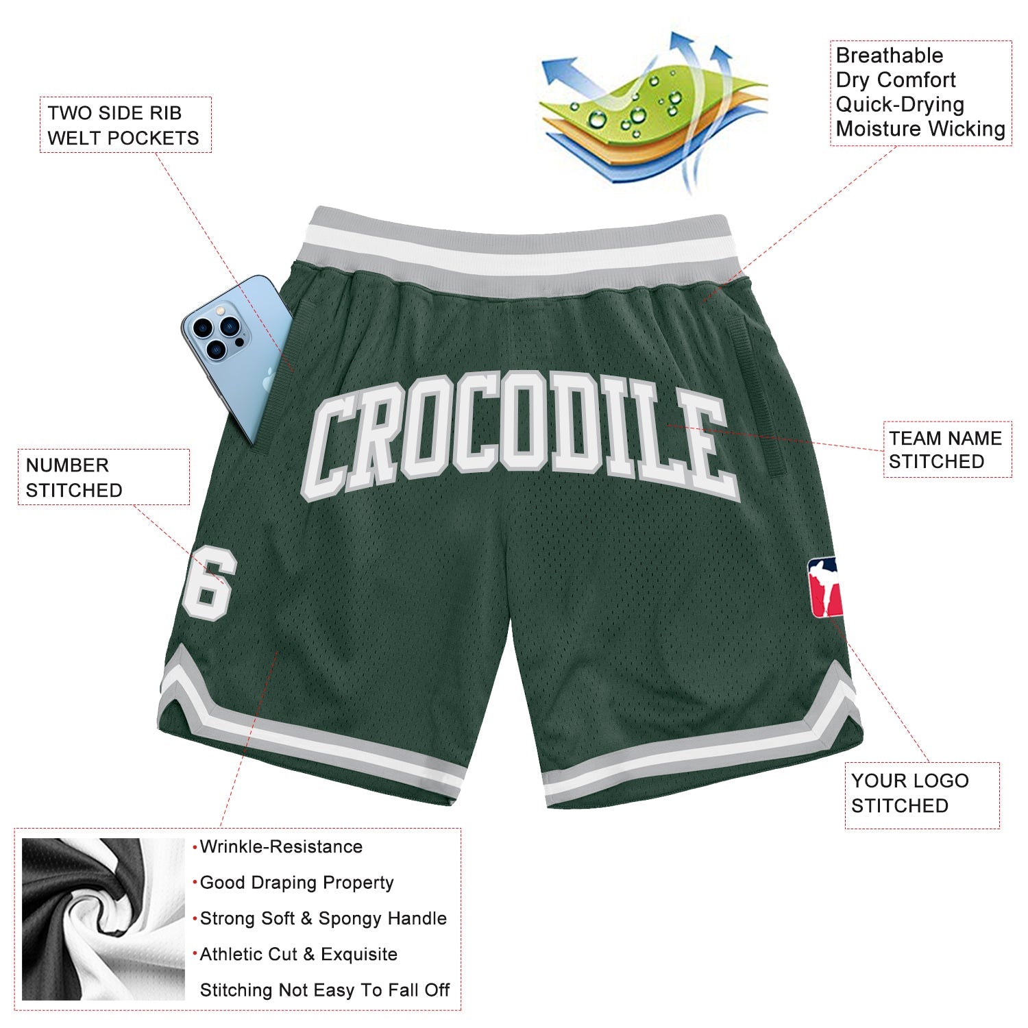 Custom Hunter Green White-Gray Authentic Throwback Basketball Shorts view 2