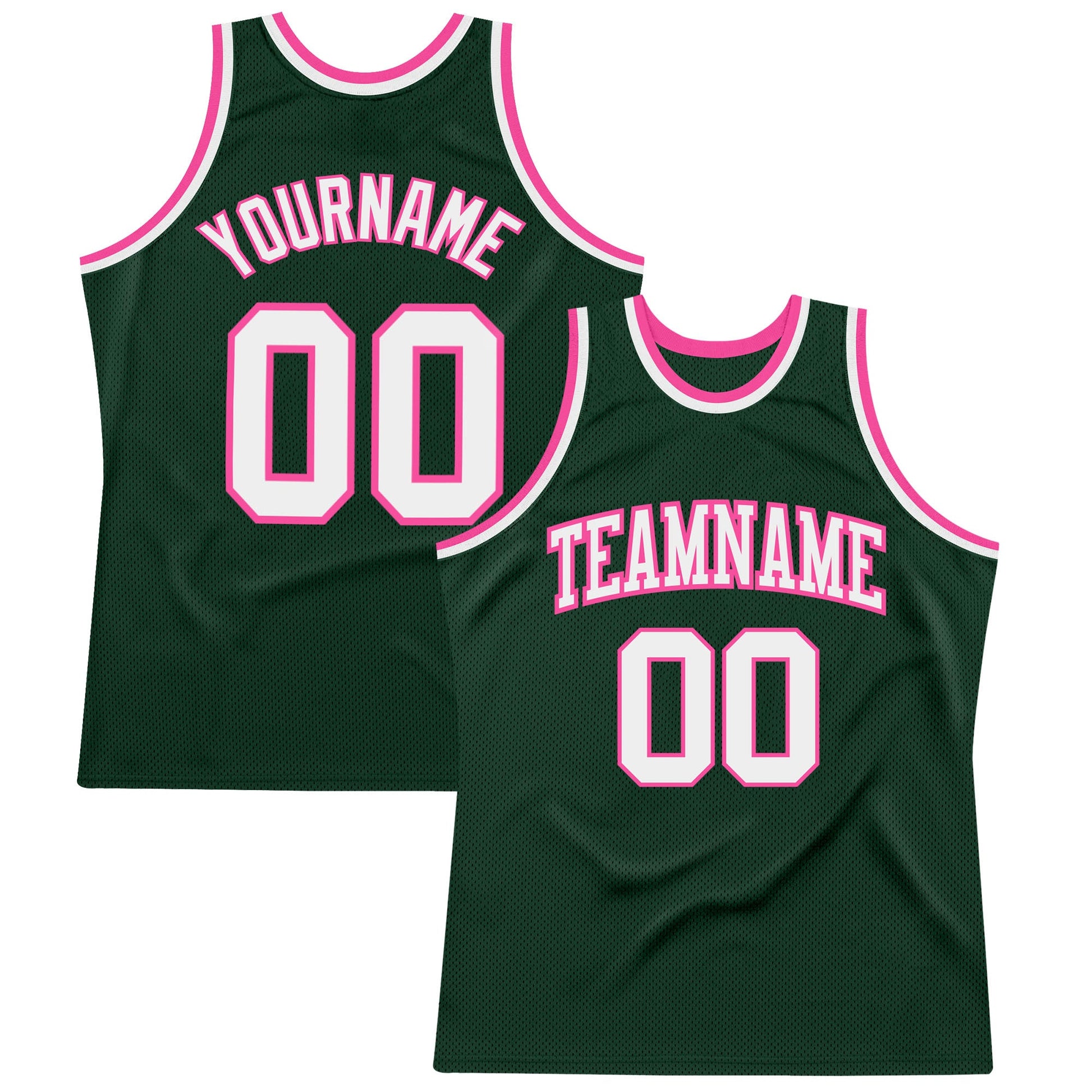 Custom Hunter Green White-Pink Authentic Throwback Basketball Jersey - Main View