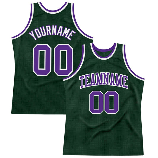 Custom Hunter Green Purple-White Authentic Throwback Basketball Jersey - Main View