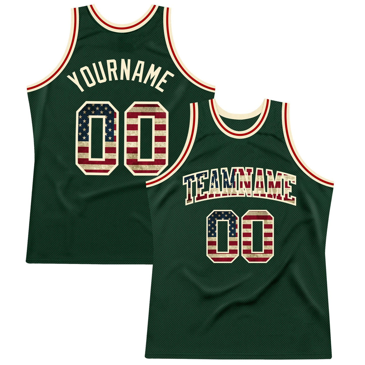 Custom Hunter Green Vintage USA Flag-Cream Authentic Throwback Basketball Jersey - Main View